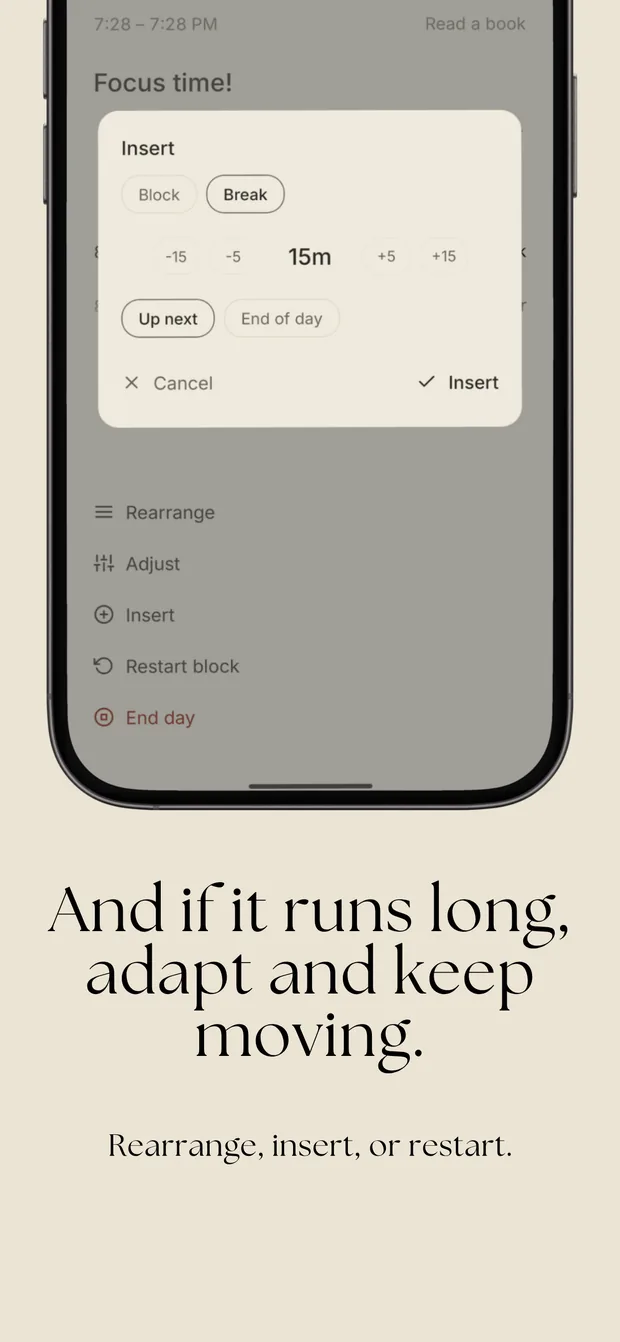 The Insert sheet in DayTimer: choosing a block or a break, a duration, and where it should go.