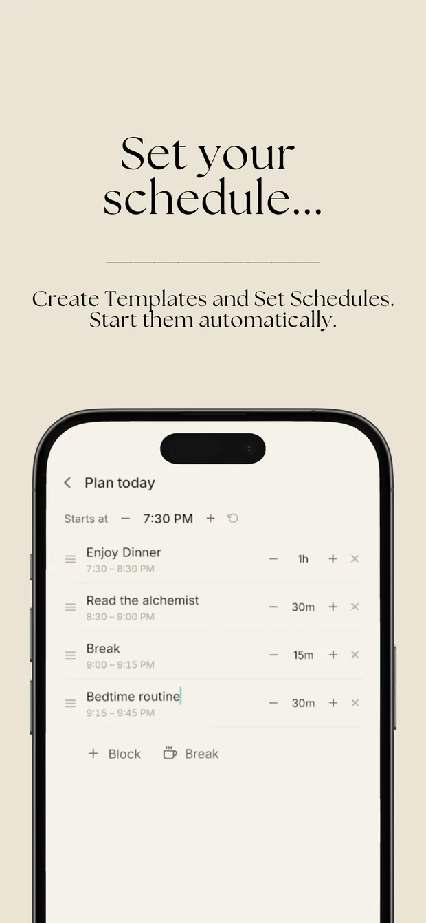 The DayTimer plan editor, listing blocks and breaks with their start times and durations.