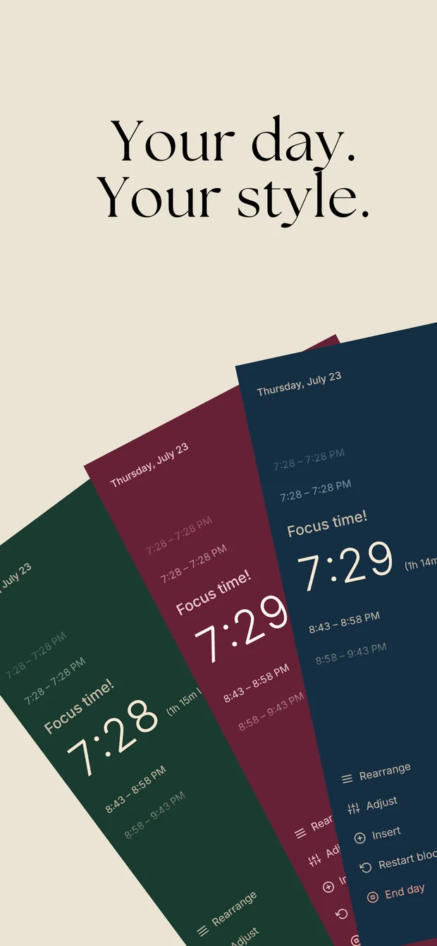 Three DayTimer color themes shown side by side: Emerald, Wine, and Navy.