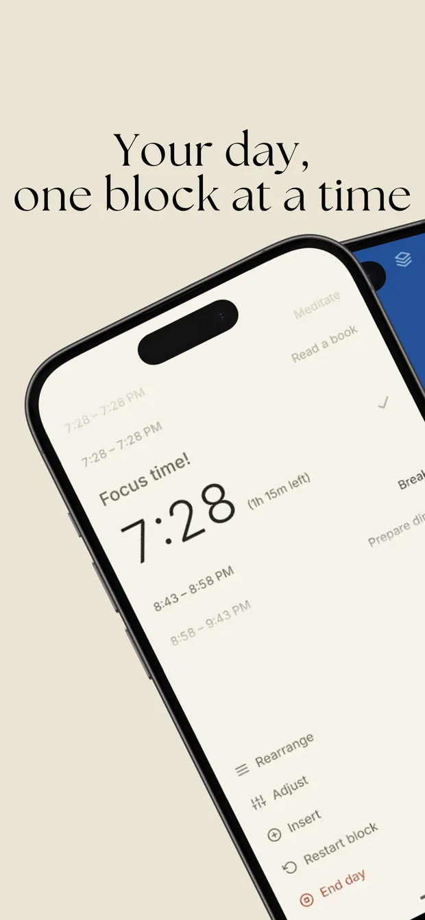 The DayTimer timer screen: the running block shown large with the time remaining, and past and upcoming blocks fading above and below it.